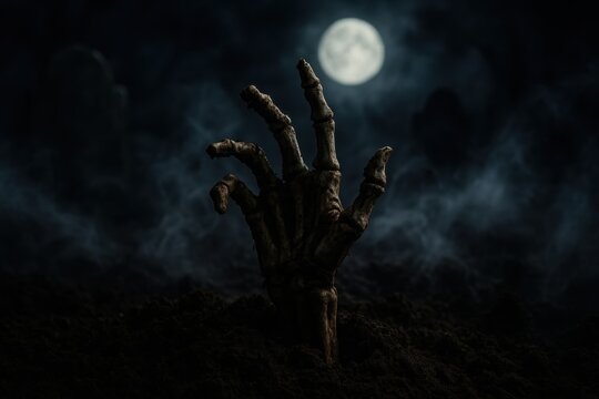 Eerie Halloween scene with decayed skeletal hand emerging from dark soil in cemetery with atmospheric fog and moonlight creating spooky horror atmosphere
