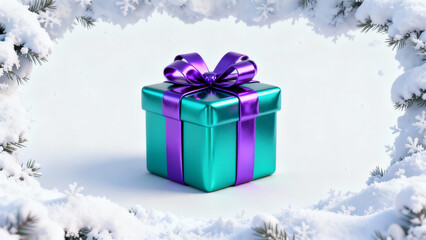A shiny teal gift box with a purple ribbon and bow sits in a snowy winter scene framed by frosty pine branches