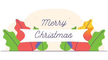 Festive merry christmas greeting with colorful abstract leaves and a banner for holiday wishes