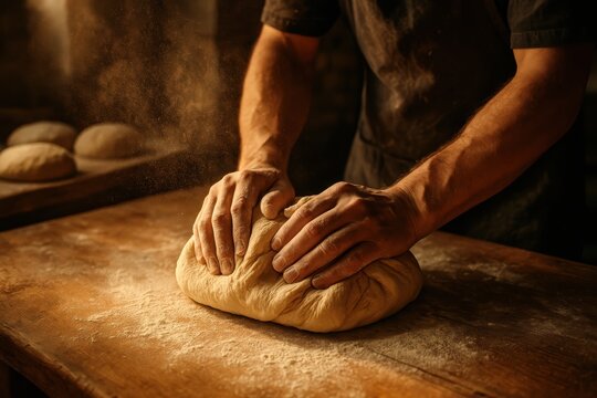 Artisan baker hands covered in flour expertly kneading dough in rustic bakery kitchen with traditional bread making techniques and warm golden lighting