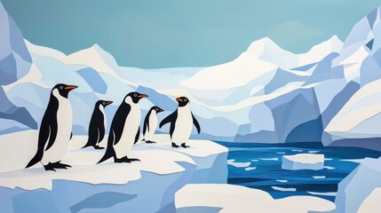 Stylized penguins observe icy waters