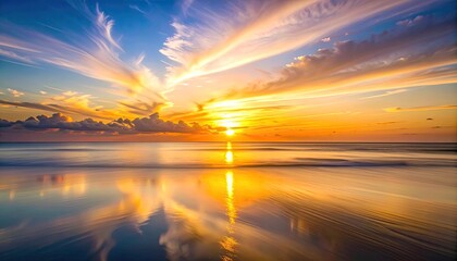 Vibrant Tropical Ocean Sunrise With Dramatic Sky And Reflective Water Surface