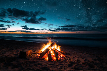 beachside bonfire as waves crash in the distance under sky full of stars