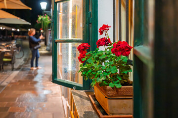 Red geraniums in a flower box sit on an open window sill near a sidewalk cafe on the Ljubljanica...