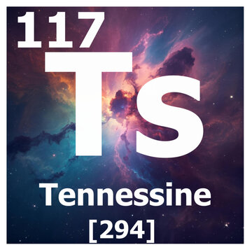 vector illustration of periodic element 117 Ts Tennessine with an abstract space nebula background 