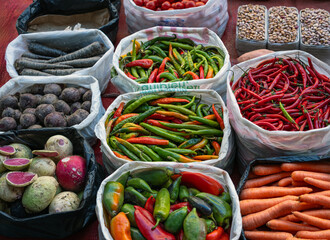 Various fresh vegetables sold at the vegetable market.