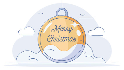 Festive merry christmas greeting inscribed on a hanging golden bauble with stylized clouds and snow drifts