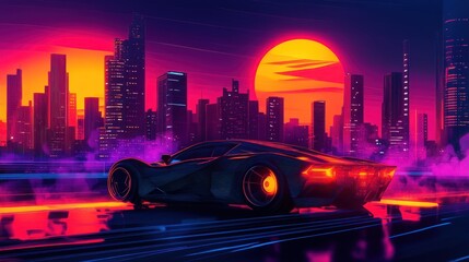 Futuristic car speeds through neon city at sunset