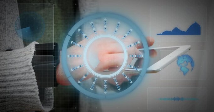 Hands tapping tablet launching HUD and explaining wireless communication using antennas, WiFi icons
