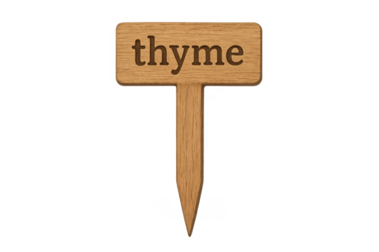 Wood herb plant marker showing thyme text - Powered by Adobe