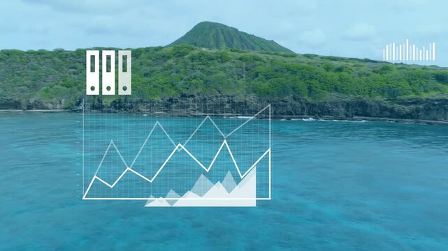 On start vector devices animating, scaling and tracing charts, visualizing cloud data over coast