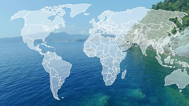 Americas appearing, faint map expanding, camera panning right, boat cruising, visualizing coverage