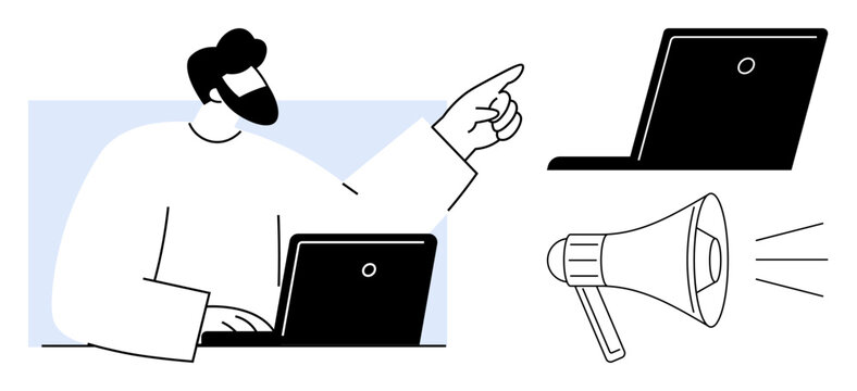 Man pointing while using a laptop alongside a megaphone. Ideal for teamwork, communication, announcement, technology, leadership, business strategy, and marketing in simple flat metaphor