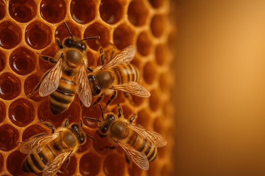 Busy honeybees tending golden comb cells with open space for text on warm backdrop