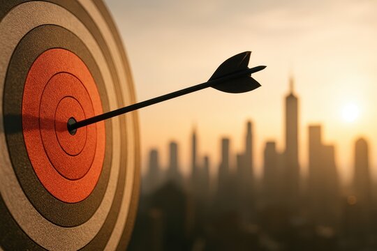 Arrow striking bullseye with modern skyscrapers beyond business focus and success concept