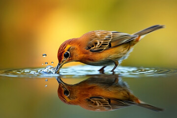 bird drinking from puddle, its beak and wings mirrored in the water