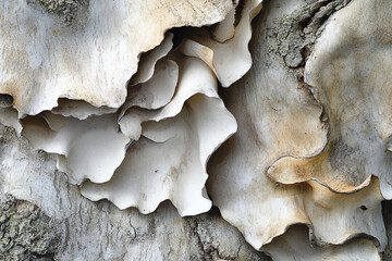 Birch tree bark with papery white layers curling at the edges