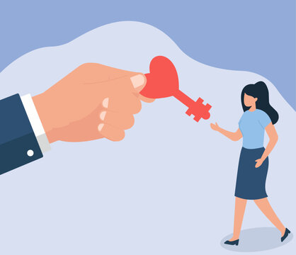 Hand Offering Red Heart Key to Woman in Romantic Flat Vector Illustration, Love Unlocked, Heart's Secret, Romantic Gesture, Trust Exchange, Emotional Access - Powered by Adobe
