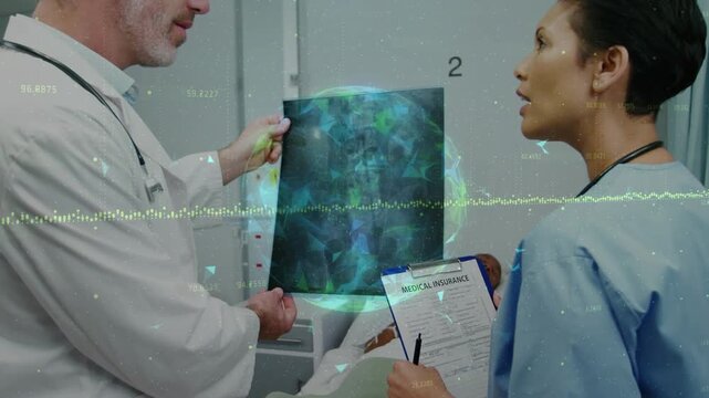Dr holding X-ray, starting review while nurse recording medical insurance, globe waveform drifting