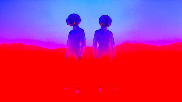 virtual reality explorer duo silhouette helmet travel design cosmonaut human