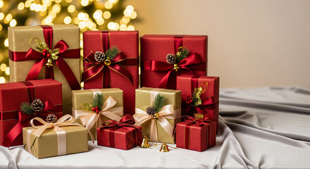 Elegant Red and Gold Christmas Presents with Festive Decorations and Bokeh Lights
