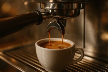 Barista pulling rich espresso shot on steel machine with crema swirling into small cup