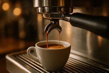 Barista pulling rich espresso shot on steel machine with crema swirling into small cup