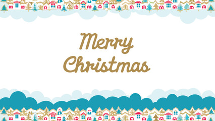 Charming christmas village border with merry christmas greeting in gold script on white background