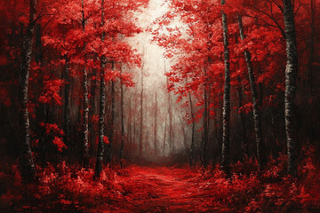 Blazing Red Maple Forest in Autumn A dense woodland ignites in fiery red hues, signaling arrival of crisp fall air