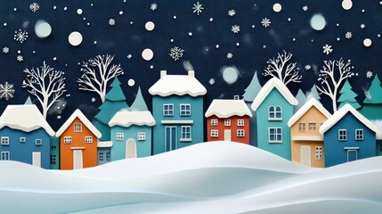 Fototapeta premium Cozy paper-cut village scene with falling snow