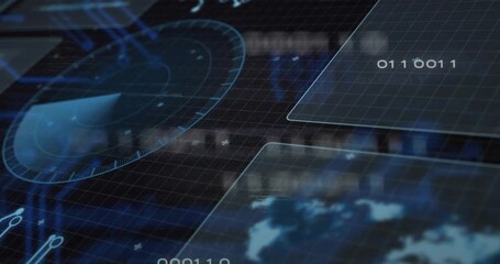 On incoming data ping holo HUD rotating radar sweep, streaming binary, pulsing map, showing traffic - Powered by Adobe