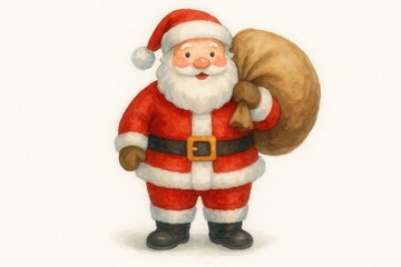 Fototapeta premium Watercolor friendly Santa figure with gift sack standing on white simple festive art
