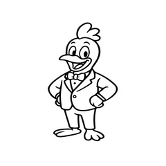 Cute vector cartoon Chicken in Suit - Outline Character. cartoon chicken character wearing a formal suit and bow tie. Perfect for kids designs, mascot concepts, farm animal illustrations, stickers, 
