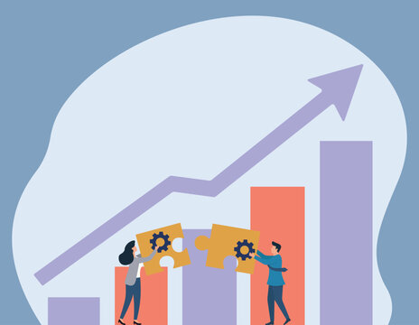 Flat Vector Illustration of Team Collaboration Building Growth Puzzle, Teamwork Dynamics, Business Growth Strategy, Collaborative Problem-Solving, Innovation Through Unity, Upward Success Trend