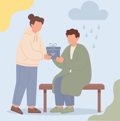 Woman Offering Gift to Sad Man Under Rain Cloud on Bench, Comforting Gesture, Emotional Support, Gift of Kindness, Rainy Mood Metaphor, Friendship Bond