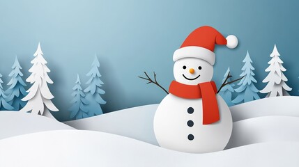 Obraz premium Cheerful snowman in paper-cut style winter landscape