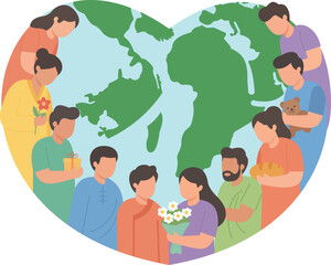 Heart-Shaped Earth Embraced by Diverse Global Community in Unity and Love, Global Unity, Cultural Diversity, Planetary Love, Community Harmony, Environmental Care