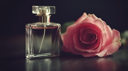 an elegant perfume bottle with a faint pink tint stands alongside a soft pink rose, both symbols of delicate beauty and gentle fragrance