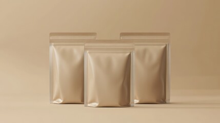 elegant beige pouches set against a complementary backdrop offers an opportunity for creative product packaging mockups and design visualizations