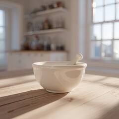 White Porcelain Mortar And Pestle On Wooden Table