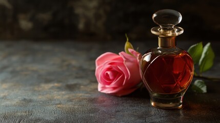 aromatic tranquility: an artistic portrayal of perfume essence intertwined with the delicate serenity of a pink rose blossom
