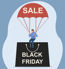 Parachuting Shopper Descending on Black Friday Sale Bag in Flat Vector Style, Sale Parachute, Black Friday Drop, Shopping Adventure, Discount Descent, Promotional Skydiving