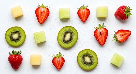 Assorted fresh fruit arrangement including strawberries kiwi and melon cubes flat lay on white background