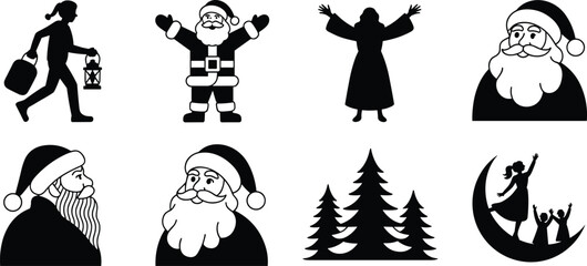 Naklejka premium Christmas winter holiday silhouettes, Santa Claus faces, snowman, reindeer, bells, wreath, ornaments, sleigh, trees, gifts, gingerbread, festive black vector set