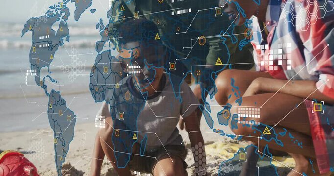 Child digging with pink shovel sparking data map overlaying family, parents guiding for tech demo