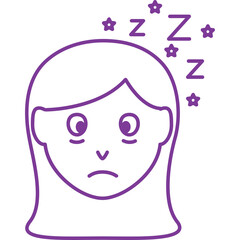 Tired Woman Face Icon With Zzs And Stars Symbols Showing Sleepiness And Exhaustion In A Line Art Style With Purple Outline On A Transparent Background
