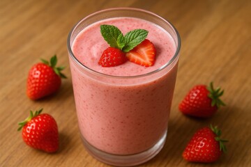 Vibrant strawberry smoothie in clear glass with swirl garnish on bright kitchen table
