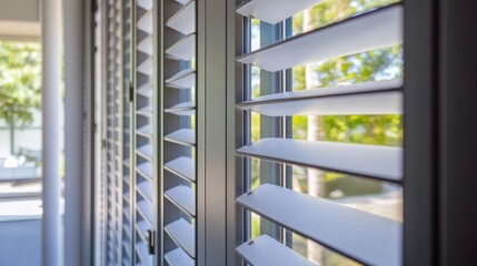 close-up view showcasing elegant modern gray window shutters, providing a glimpse of the verdant greenery outside and letting light filter through