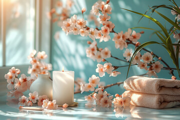 Elegant spa composition burning candle, stacked towels, and cherry blossoms on white surface with soft green nature background.