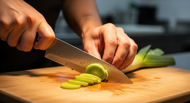 新鮮野菜の調理：料理人が包丁で長ネギを刻んでいる手元のクローズアップ